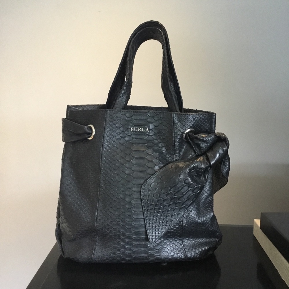 Furla Black Leather Snakeskin Handbag